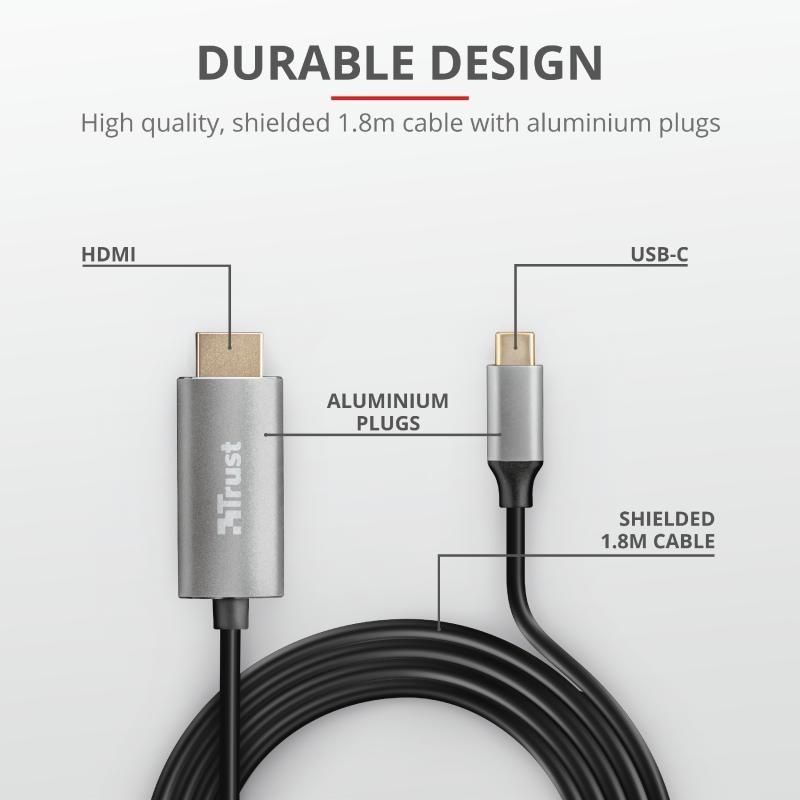 Cablu Trust Calyx, USB-C to HDMI, 1.8m, negru - 3 | YEO