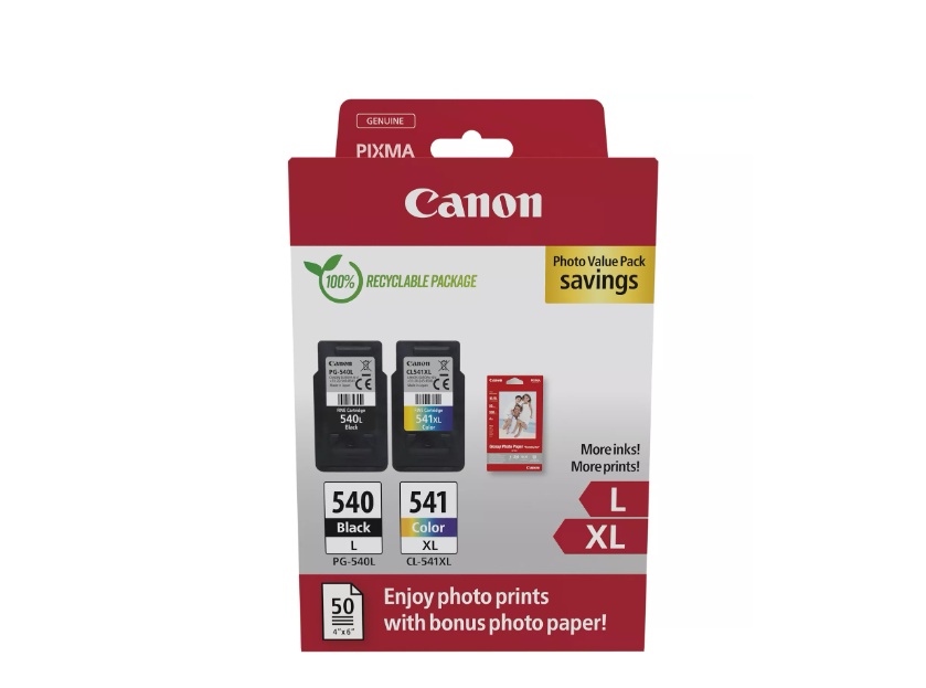 Canon pachet cartuse cearneala PG-540L/CL-541XL Photo value pack, capacitate negru: 300 pagini/11ml, Color: 400 pagini / 15ml, Compatibil cu: PIXMA GM2050, PIXMA MG2140, PIXMA MG2150, PIXMA MG2155, PIXMA MG2250, PIXMA MG3140, PIXMA MG3150, PIXMA MG3250,