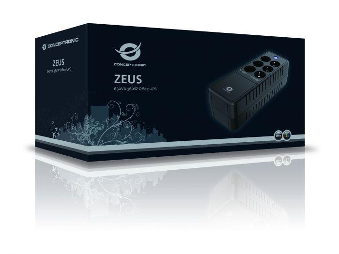 Conceptronic ZEUS05E 650VA 360W UPS, Schuko x 6 (3x surge protection 3x surge protection & battery backup), RJ45 In/Out, AVR, 110 x 309 x 84 mm - 1 | YEO