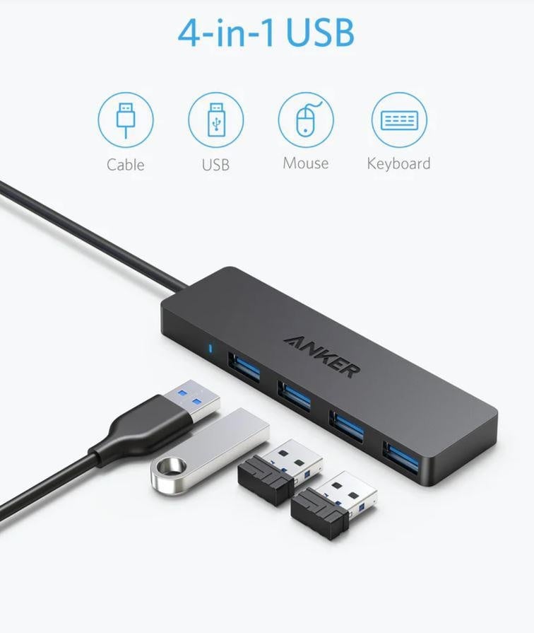 HUB USB Anker 4-in-1, porturi: 4 x USB 3.2 gen 1, conectare prin USB 2.0 (T), rata transfer 5 Gbps, ABS, negru - 1 | YEO