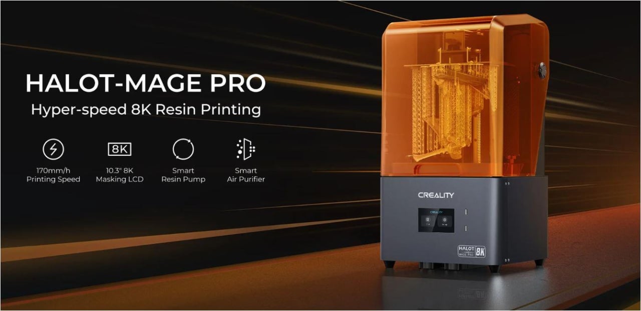 Imprimanta 3D Creality Halot-MAGE PRO cu rasina, Tehnologie SLA, Stereolitografie, sursa 150W, dimensiuni printare: 228*128*230mm, Dimensiuni imprimanta: 333*270*608mm, Viteza:170mm/h, Inaltime strat:0.05-0.15mm, LCD 10.3