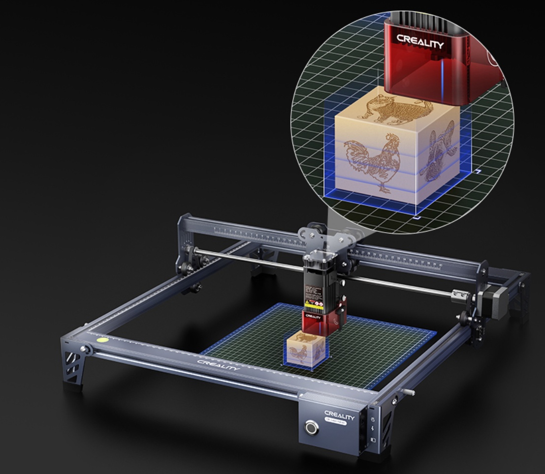 Masina gravare laser Creality CR-Falcon, precizie: 0.1mm, taiere dintr- o singura trecere max 5mm, putere laser:5W, dimensiuni suprafata lucru: 400*415mm, viteza: 10000mm/min, sursa lumina: semiconductor laser, format fisier slice: svg, png, jpg, jpeg,