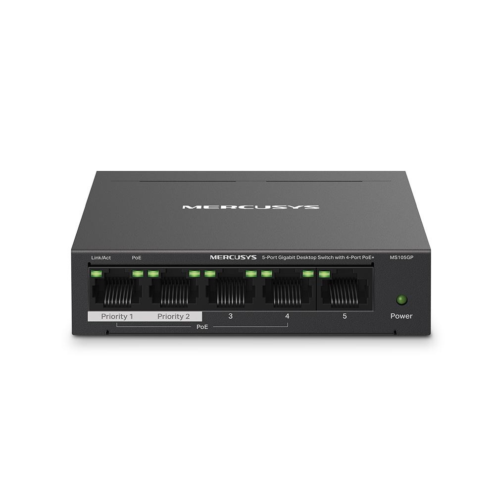 MERCUSYS DESKTOP SWITCH 5PORT MS105GP POE, Interfata: 5 x 5× 10/100/1000 Mbps RJ45 ports, 4 x POE, PoE Power Budget: 65 W, Standarde si protocoale: IEEE 802.3x Flow Control, dimensiuni: 99.8*98*25mm,