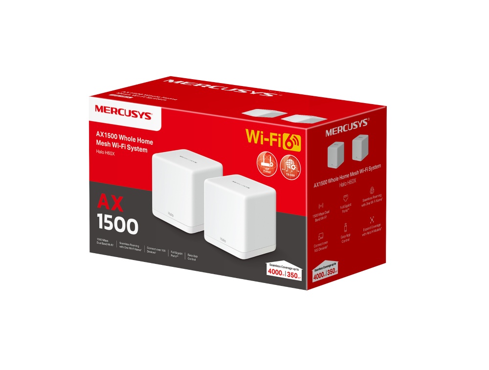 Mercusys Halo H60X(2-pack) Whole mesh Wi-Fi6 system, AX1500, Dual-band, Standarde wireless: IEEE 802.11ax/ac/n/a 5 GHz, IEEE 802.11n/b/g 2.4 GHz, Viteza wireless: 1201 Mbps on 5 GHz, 300 Mbps on 2.4 GHz, Dimensiuni:88 × 88 × 88 mm, Interfata: 3 x - 3 | YEO