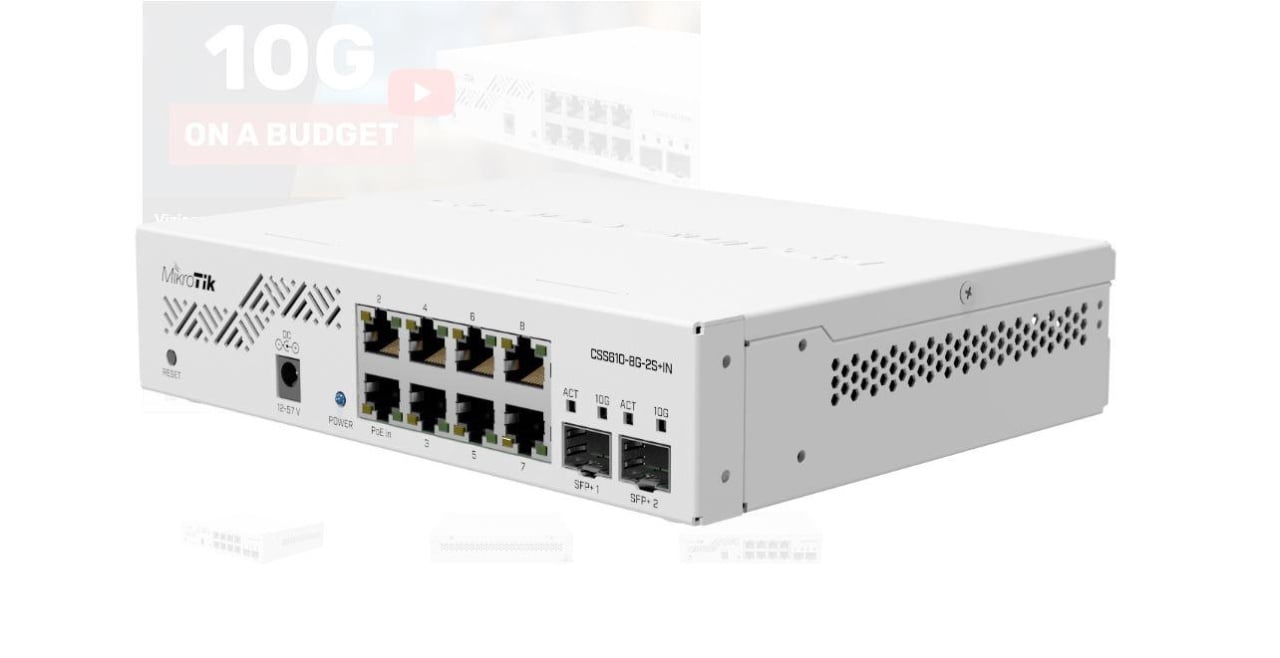 MIKROTIK, CSS610-8G-2S+IN 8G, 2 SFP+ Port , Indoor Switch 64kb Flash, Pasive POE, Dimensiuni: 200 x 167 x 46 mminterfata: 8 x 10/100/1000, 2 x SFP+, IP20, POE in- 12-57 V, consum maxim 5w.