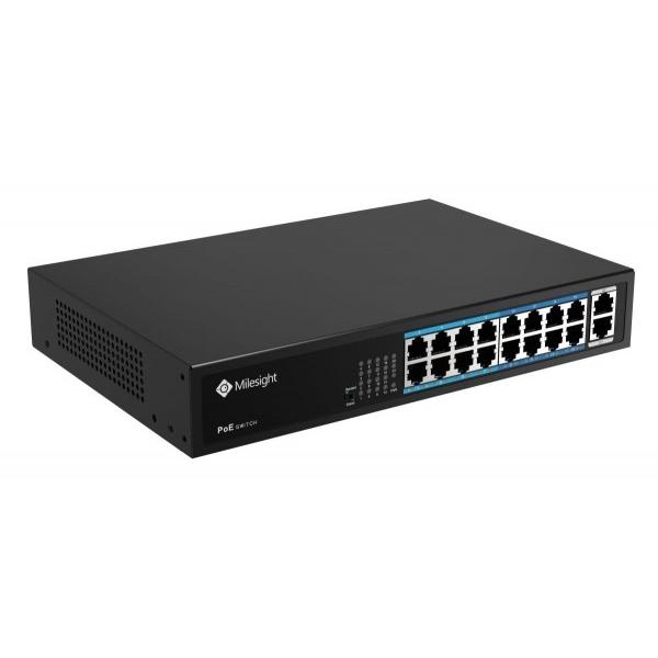 POE Switch Milesight 16 Porturi POE MS-S0216-GL, Porturi: 16X10/100MbpsPoEports(RJ45) +2X1000Mbps uplink ports, Alimentare: Built- in switching power supply AC 100~240 V, 50-60 Hz, 2.5A; Standard POE: IEEE802.3af/at; Buget POE: max. 200W, max 30W per