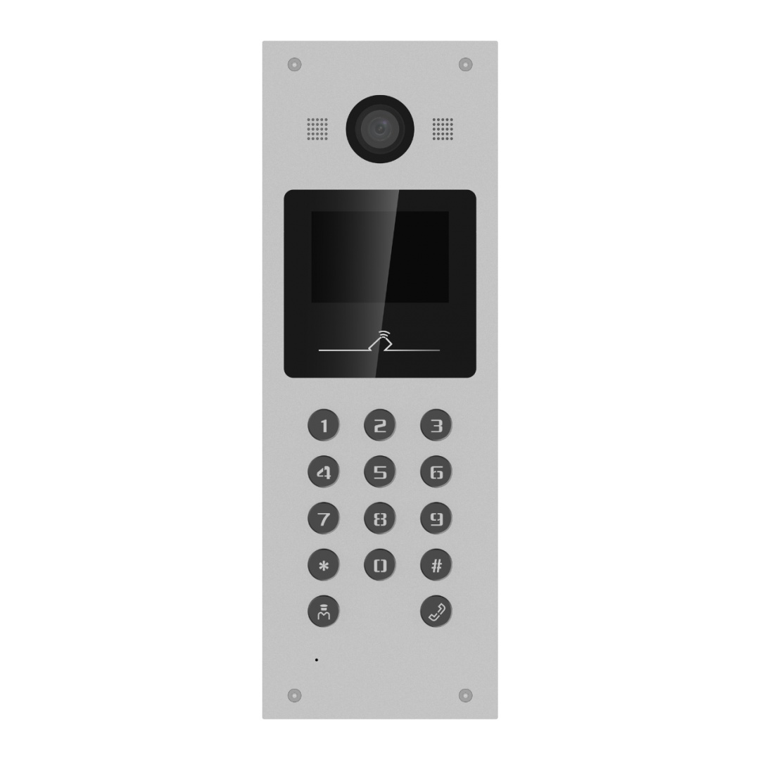 Post videointerfon de exterior pentru blocuri Hikvision DS-KD3003-E6, monitor LCD color 3.5-inch, rezolutie 480 × 320, camera video 2MP HD, unghi vizualizare: 120° wide, deschidere cu card si cod pin, capacitate utilizatori: 10000, capacitate conectare