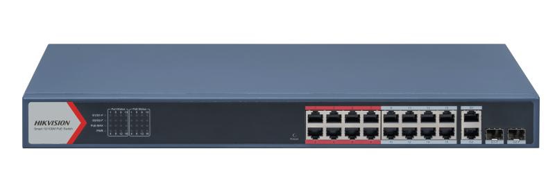 Switch 16 porturi POE Hikvision DS-3E1318P-EI(B), L2, Smart Managed, 16 × 100 Mbps PoE RJ45 ports si 2 × porturi gigabit, Putere PoE 230W, maxim 30W per port, Extend mode - pana la 300 metri, Switching capacity 7.2 Gbps, Visualized Topology Management,