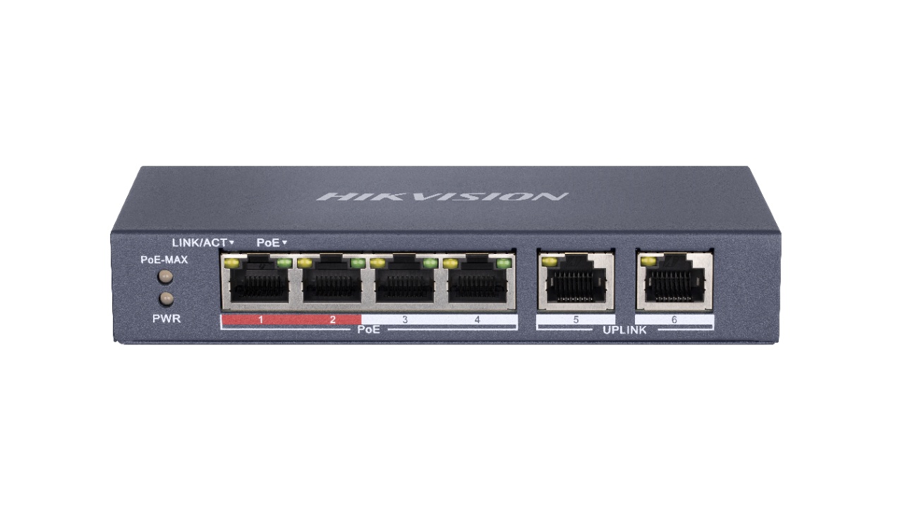 Switch Hikvision DS-3E0106P-E-M, Switching capacity 1.6 Gbps, 4 x 10/100Mbps PoE ports, and and 2 × 10/100Mbps RJ45 ports, MAC address table 4 K, PoE power budget 35 W, Internal cache 768 Kbits, 6 KV surge protection for PoE ports, Up to 300 m long-range