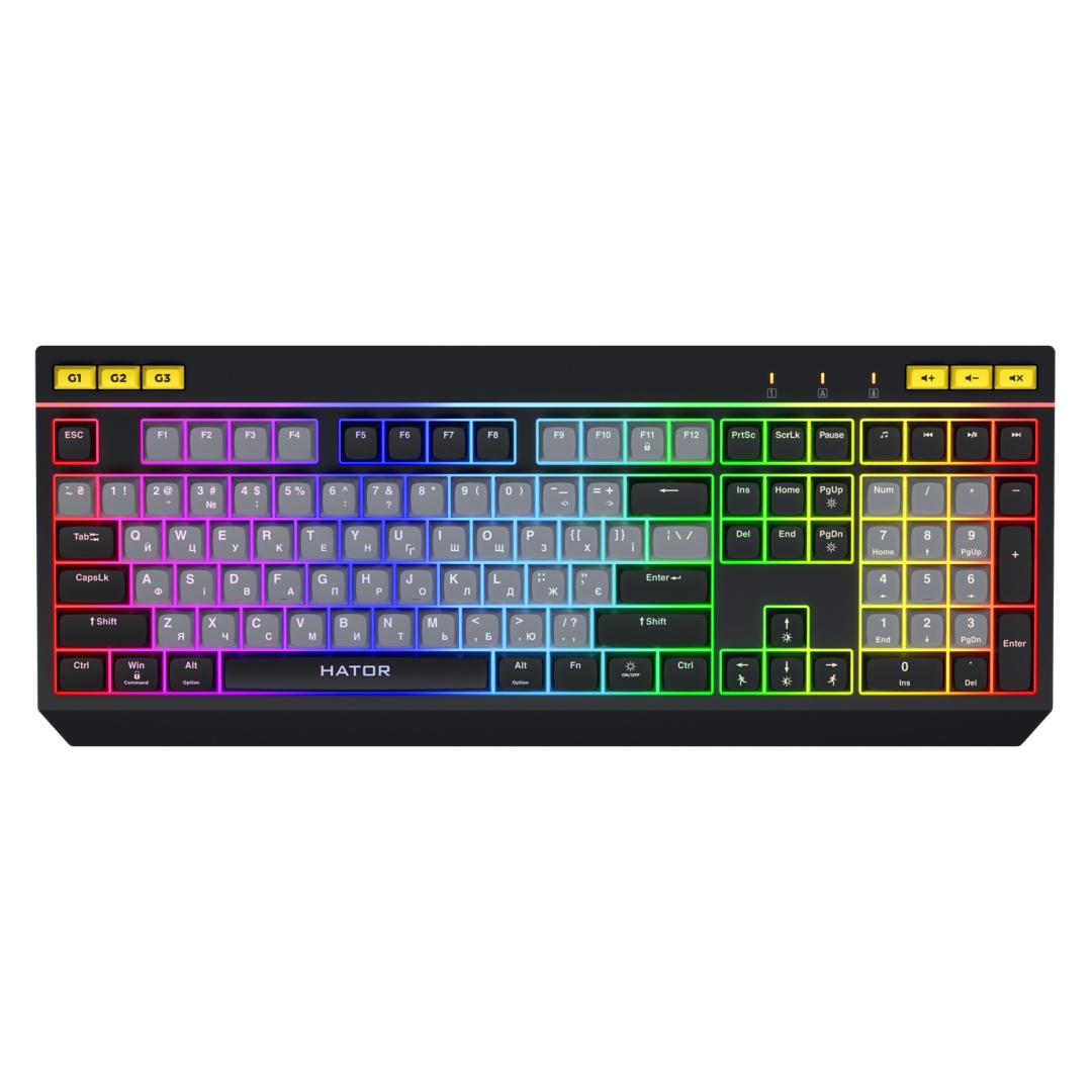 Tastatura mecanica cu fir Hator Icefall, conectivitate USB, polling rate 1000Hz, iluminare RGB pentru 8 zone diferite, tip switch membrana, material taste ABS cu gravare laser si acoperire UV, alb-negru