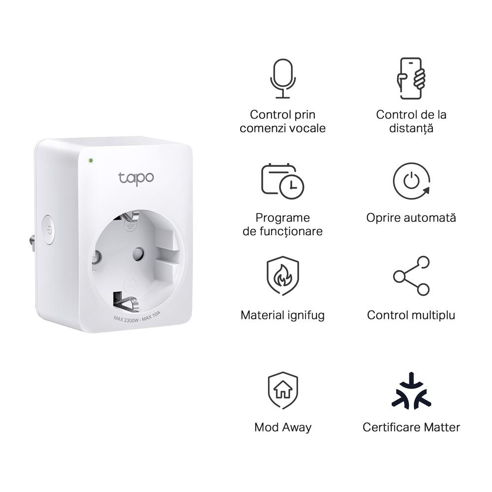 TP-LINK TAPO P100M Mini priză Wi-Fi smart, compatibilă cu Matter, WIFI Protocol: IEEE 802.11b/g/n, Bluetooth, 2.4Ghz, Dimensiuni: 72 × 51 × 40 mm, Cerinte de alimentare: 100-240V~, Incarcare maxima: 2,300W, 10A. - 3 | YEO