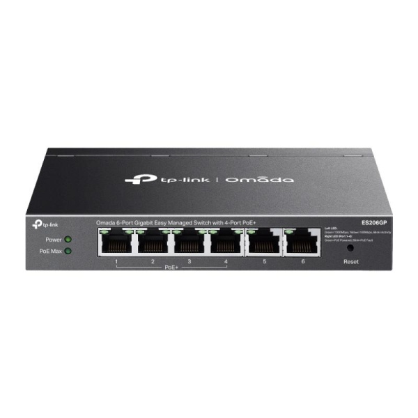 Omada 6-Port Gigabit Easy Managed Switch with 4-Port PoE+ PORT: 4× Gigabit PoE+ Ports, 2x Gigabit Non-PoE Ports SPEC: 802.3at/af, 65W PoE Power, Desktop Steel Case and Fanless FEATURE: Integration with Omada SDN Controller and Omada Cloud Essentials,