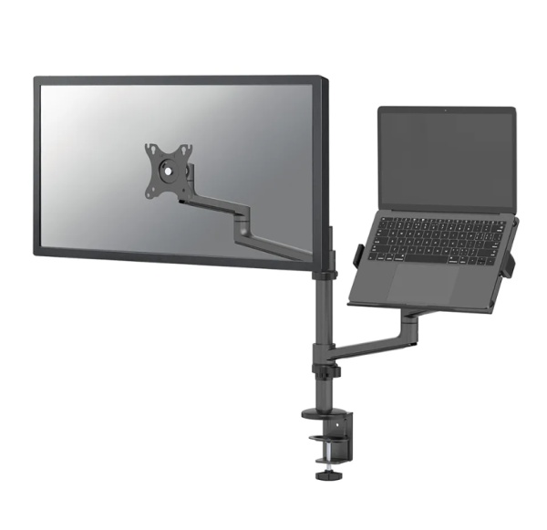Suport dublu laptop de birou Neomounts DS20-425BL2; pentru display-uri cu diagonale 17"-27", sistem de prindere VESA 75x75~100x100, greutate maxima suportata 8kg, tilt +90°, -30°, swivel 90°, rotate 360°, distanta fata de perete 162-494mm; inaltime