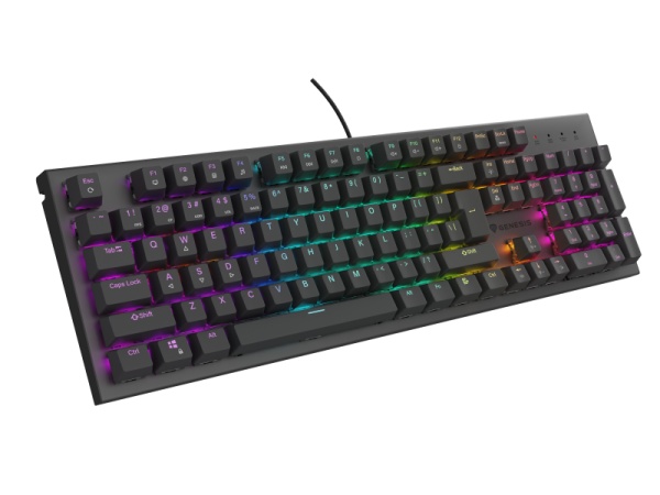 Tastatura gaming mecanica cu fir Genesis Thor 303, iluminare RGB, switch Tactile, switch model Outemu Brown, numar taste 104, 11 butoane multimedia, lungime cablu 1.8m, dimensiuni 442 x 136 x 36 mm, negru