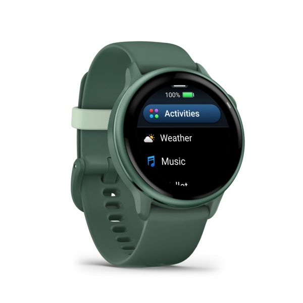 Ceas Garmin vívoactive 6 display AMOLED, dimensiune afisaj 30.4 mm, rezolutie afisaj 390 x 390 pixeli, memorie 8GB, autonomie până la 11 zile (5 zile cu afişajul permanent pornit) rezistanta la apa pana la 5 ATM, greutate: 23g, ramă Jasper Green cu