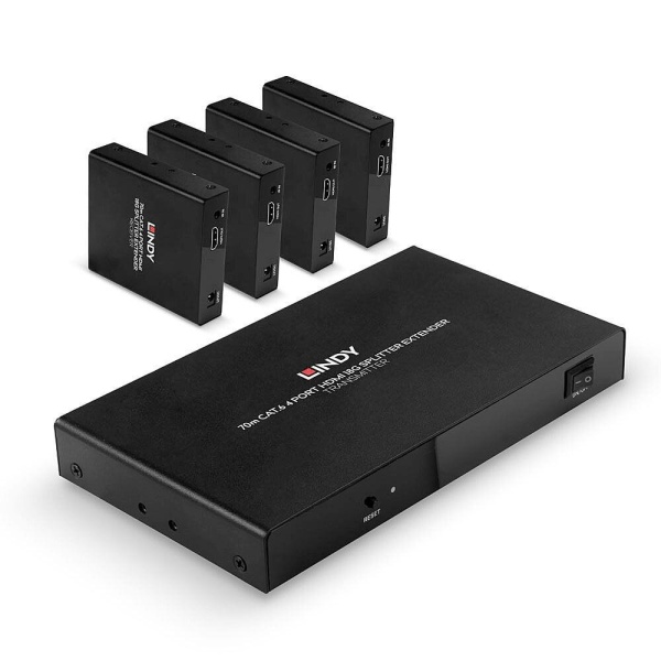 Lindy 70m 4 Port Cat.6 HDMI 4K60 Splitter Extender Description Distribute 4K HDMI signals to up to 4 displays in multiple locations Supports resolutions up to 4K@60Hz, with additional support for HDR Features a loop-through HDMI output on the