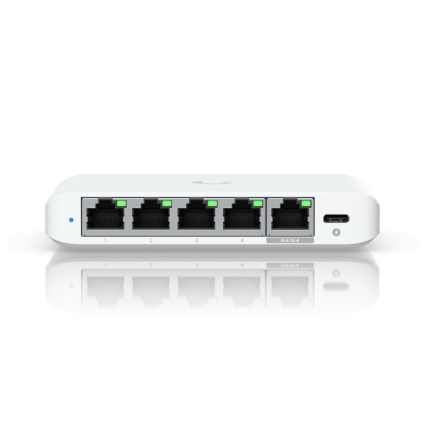 Ubiquiti USW-Flex-2.5G-5, 5 porturi RJ45 1/2.5 GbE, capacitate 25 Gbps, 1 adaptor de alimentare AC, 5V DC, 1A, 1 PoE (PairA 1, 2+; 3, 6-)(PairB 4, 5+; 7, 8-), dimensiuni 117.1 x 90 x 21.2 mm (4.6 x 3.5 x 0.8")