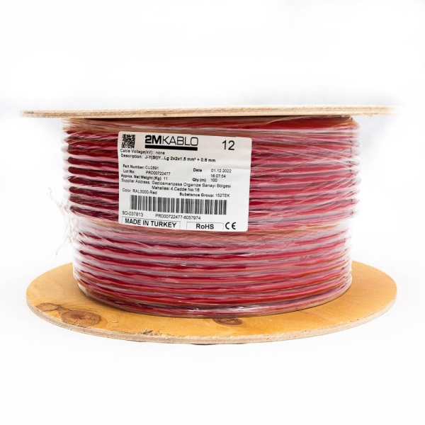 "Cablu incendiu JY(St)Y...Lg 2x2x1.5 mm² + 0.8 mmproducator 2M Kablo, 3T00000401-3-100Diametru fir : 1.5 mmConductor torsadati in perechi infasurate in banda PET, ecranaj Al/PET, cupru 100%Culori fire: VDE 0815Manta: PVC, culoare RAL3000-rosuAmbalare:
