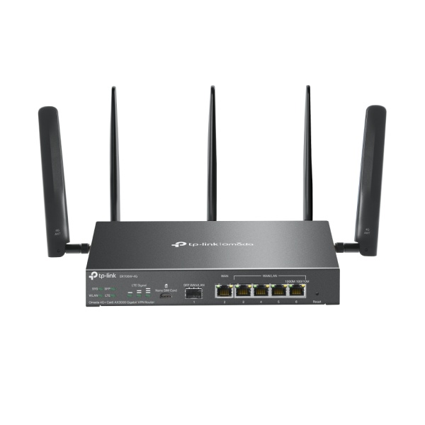 "Omada 4G+ Cat6 AX3000 Gigabit VPN Router PORT: 1× Gigabit SFP WAN/LAN Port, 1× Gigabit RJ45 WAN Port, 4× Gigabit WAN/LAN RJ45 Ports, 1 Nano SIM slot (4G+ Cat6) SPEED: 574Mbps at 2.4 GHz + 2402 Mbps at 5 GHz (HE160) Wi-Fi Speed, 300 Mbps Download LTE