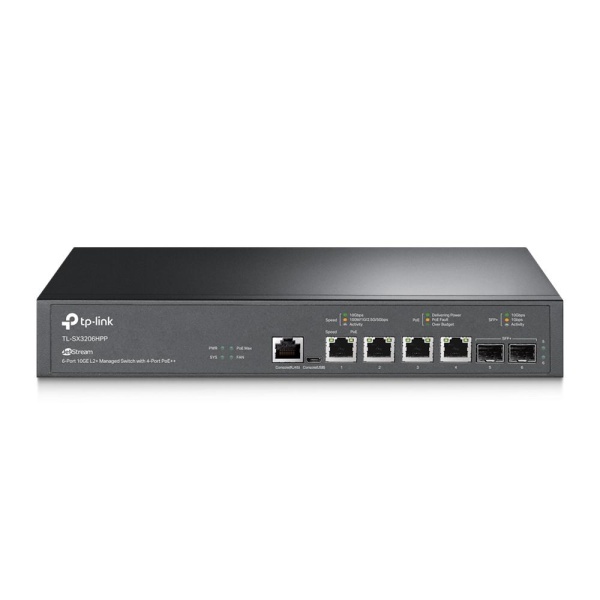 "JetStream™ 4-Port 10GBase-T and 2-Port 10GE SFP+ L2+ Managed Switch with 4-Port PoE++ PORT: 4× 10G PoE++ Ports, 2× 10G SFP+ Slots, RJ45/Micro-USB Console Port SPEC: 802.3bt/at/af, 200 W PoE Power, 1U 13-inch Rack-mountable Steel Case FEATURE: