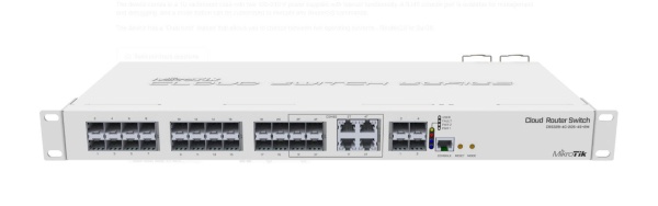 Mikrotik Cloud Router Switch, CRS328-4C-20S-4S+RM; Smart Switch, 20 xSFP cages, 4 x SFP+ cages, 4 x Combo ports (Gigabit Ethernet or SFP),800MHz CPU, 512MB RAM, 1U rackmount case, Dual Power Supplies, RouterOSL5 or SwitchOS (Dual Boot); Max power