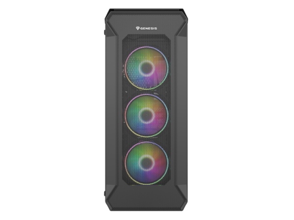 Carcasa GENESIS IRID 505 V2 Mid Tower ARGB NEGRU, Tempered Glass, Sloturi Expansiune 8, Drive Bays: 2x3.5" 7x2.5", Ventilatoare Suportate: 6 (spate: 1x120mm, fata: 3x120mm sau 2x140mm, sus: 2x120mm sau 2x140mm), Ventilatoare Incluse: 4 (4x120mm OXAL