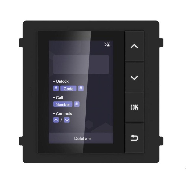 Modul de afisare pentru videointerfon modular Hikvision DS-KD-DIS; ecran LCD 3.5 inch, rezolutie 320x480P; 4 butoane de operare; memorie pentru 500 de contacte; apelare din lista de contacte; deschidere usa cu Pin cu ajutorul modului de tastatura( nu