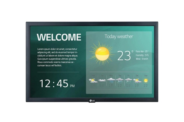 Monitor signage LG, 22", 250nit, 18/7, FHD, panel IPS, E-LED, 12ms, contrast static 1000:1, webOS, SuperSign Premium/C. rama 16.3mm even, dimensiuni 510.3x302.1x53.8mm, VESA 100x100, greutate 3.6kg, consum max 35W. Garantie 3 ani