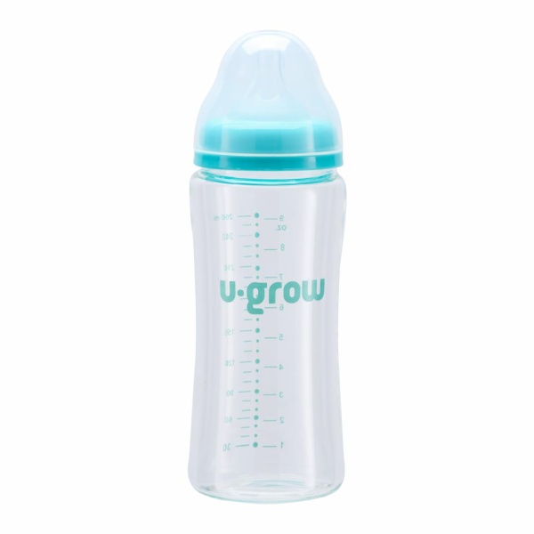 Biberon sticla 260 ml U‑Grow + 2 tetine extra, gat larg, anti‑colici, fara BPA