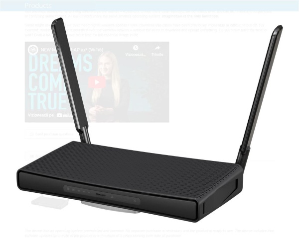 Mikrotik Dual-Band WI-FI 6 Wireless router, AX1800, C53UiG+5HPaxD2HPaxD, Procesor IPQ-6010 cu 4 nuclee, 864 mhz, 1gb RAM, NAND 128 mb, witeza wireless 2.4Ghz: 574Mbit/s, 5Ghz: 1200 Mbit/s, interfata: 4 x 10/100/1000, 1 x 2.5G, 1 x POE out, 1 x USB,