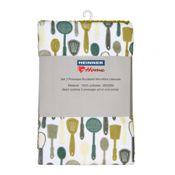 "Set 3 Prosoape Verzi Microfibra 45x70cm- Ustensile Material : 100% poliester, 260GSM Setul contine 2 prosoape uni si unul printat"