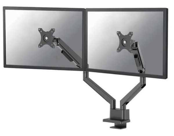 Brat dublu pentru monitor Neomounts, tip full motion, pentru display-uri cu diagonale 17"-32", sistem de prindere VESA 75x75~100x100mm, greutate maxima suportata 9 kg per ecran, tilt +45°, -45°, swivel +90°, -90°, rotate +180°, -180°, reglabil pe