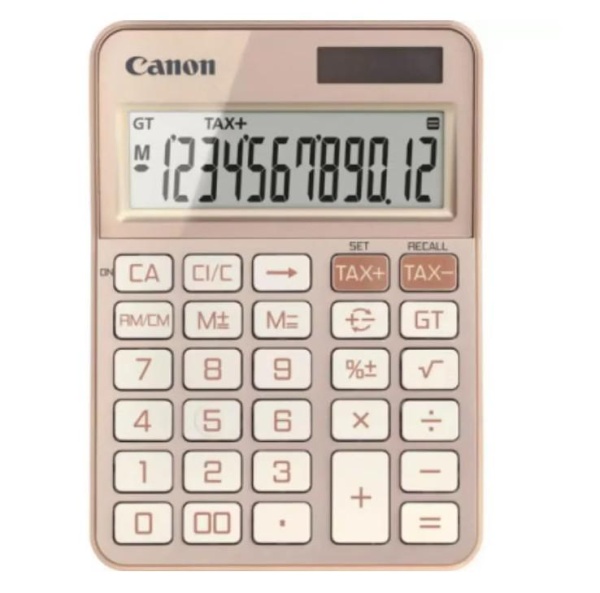 """Calculator birou Canon KS-125KB-RG, Rose Gold, 12 digits, 29 keys, dual power Solar+baterie, M+, M-,RM/CM, Tax+, Tax-, Baterie:LR44 x 1pc, Dimensiuni: 147 x 106 x 25mm, Greutate: 116g, Auto power off-7 min."""