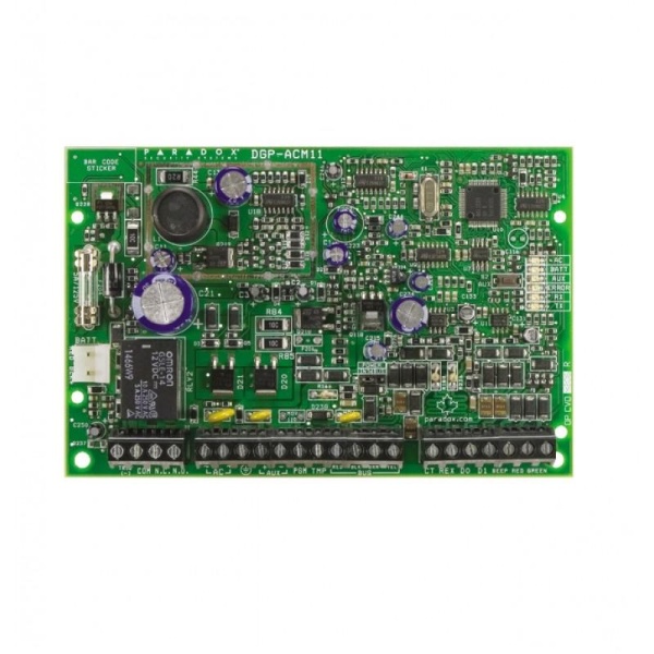 Modul de control acces: 4 fire conexiuni pentru 1 uşă: cititor de cartelă, REX, contact de uşă şi ieşire de yală; compatibil cu cititoarele Wiegand 26-bit sau Paradox pe 4 fire: R910 / R915; acces cu cartelă şi/sau cod, cu cititorul R915; armare cu
