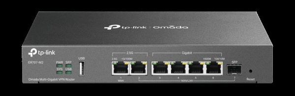 "Omada Multi-Gigabit VPN Router PORT: 1× 2.5G RJ45 WAN Port, 1× 2.5G RJ45 WAN/LAN Port, 1× Gigabit SFP WAN/LAN Port, 4× Gigabit RJ45 WAN/LAN Ports, 1× USB 2.0 port FEATURE: Integration with Omada SDN Controller, Support SSL VPN, OpenVPN and IPsec/ PPTP/