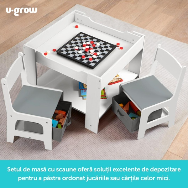 Set masuta si 2 scaune copii MDF alb U‑Grow UGMS‑5601 – mobilier sigur si multifunctional