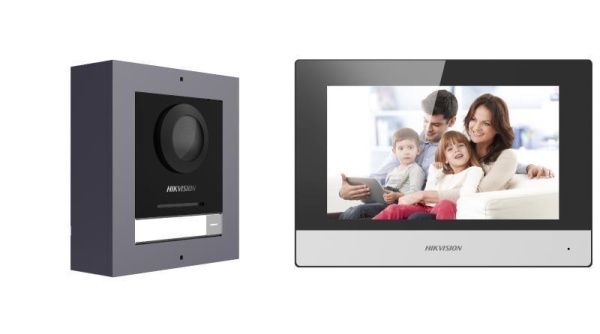 Kit videointercom IP Hikvision DS-KIS602(B), contine: DS-KD8003- IME1(B)/Surface × 1, DS-KH6320-WTE1 × 1, 4-port standard PoE switch × 1, 16 GB TF card × 1, caracteristici post exterior: 2MP HD camera, IR: 3m, WDR, microfon inclus, difuzor inclus, 1