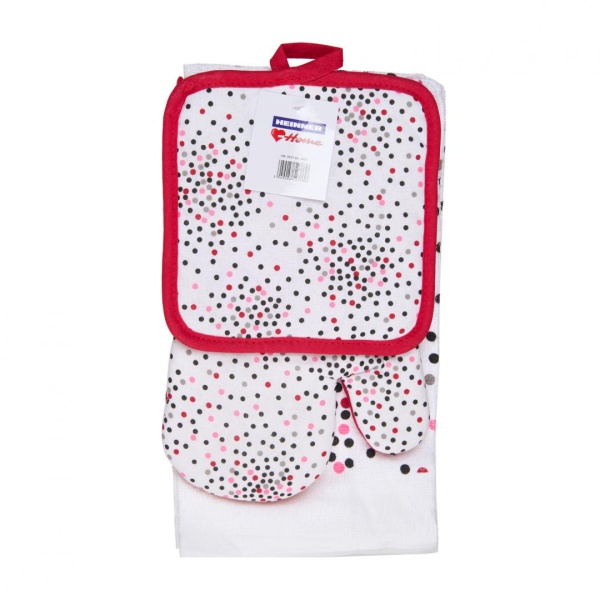 "Set bucatarie format din 3 piese Dots Setul contine : 1 prosop de bucatarie 38X63 cm,65Gr/buc 1 manusa de bucatarie 17X27 cm 1 suport oala 18X18 cm Material:100% Bumbac "