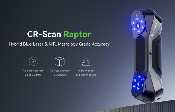 CREALITY 3D SCANNER CR-SCAN RAPTOR, mod scanare: Blue Light(Blue 7-line laser) / NIR(infrared binocular structured light), Acuratete: 0.02mm @ 100mm, Rezolutie: 0.02-2mm, Viteza scanare: pana la 60fps, volum minim scanare: 5mm x 5mm x 5mm, Raza single