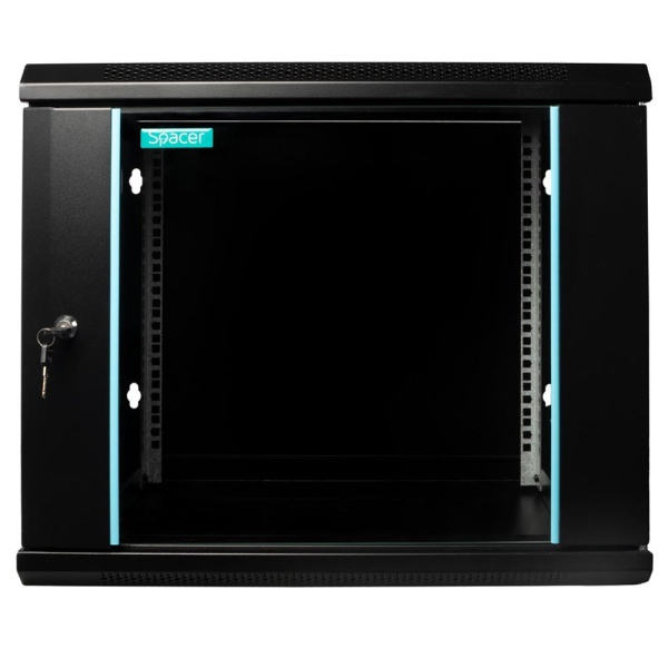 CABINET 19″ SPACER 9U 600x450mm, fixare pe perete, Flatpack (dezasamblat), Black, usa sticla cu blocare, panouri detasabile, otel 1.5mm, sarcina maxima 60Kg