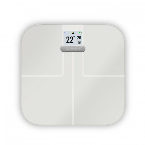 Cantar inteligent Garmin Index S2, Dimensiuni: 320 x 310 x 28 mm, autonomie baterie: până la 9 luni; foloseşte 4 baterii AAA (incluse), Compatibil cu BLE: Da, compatibil cu ANT: Da, Wi-Fi: Da, 2,4GHz, Limită de greutate:181,4 kg, greutate 2kg, alb"