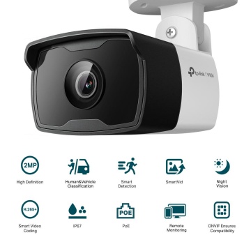 "TP-Link Camera IR de supraveghere Bullet pentru exterior VIGIC320I(4MM), Senzor imagine: CMOS 1/3"", Lentila 2.8mm, F2.2,Weatherproof: IP67, Infrarosu: 30m, Unghi vizualizare:Diagonal FOV: 106.5°, ,, Rezolutie maxima: 2 MPX, 1920 × 1080, Dimensiuni:174 - Img 1