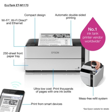 Imprimanta inkjet mono CISS Epson M1170, dimensiune A4, viteza max 39ppm, Duplex, rezolutie printer 1200x2400dpi, alimentare hartie 250 coli, interfata: USB, Ethernet, WiFi, Wi-Fi Direct, consumabile: C13T01L14A, C13T03P14A, C13T04D100, cerneala 11k - Img 9