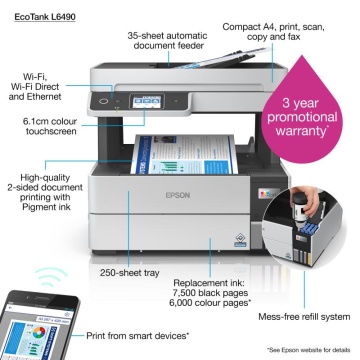 Multifunctional inkjet color Epson EcoTank CISS L6490, dimensiune A4 (Printare,Copiere, Scanare, Fax), printare borderless, viteza 37ppm alb-negru, 23ppm color, rezolutie 4800x1200 dpi, alimentare hartie 250 coli + 35 coli ADF, duplex automat ,scanner - Img 8