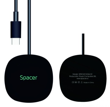 Incarcator wireless Spacer, Quick Charge 15W Qi, conector Type-C, rol de stand prin prindere magnetica, negru - Img 3