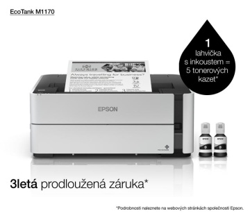Imprimanta inkjet mono CISS Epson M1170, dimensiune A4, viteza max 39ppm, Duplex, rezolutie printer 1200x2400dpi, alimentare hartie 250 coli, interfata: USB, Ethernet, WiFi, Wi-Fi Direct, consumabile: C13T01L14A, C13T03P14A, C13T04D100, cerneala 11k - Img 11