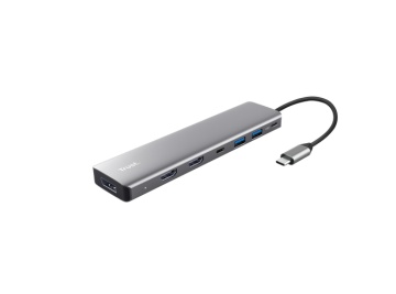 Adaptor Trust Dalyx 7-in-1, 2 porturi interfata USB-A 3.2 gen 1, 1 port USB-C, 2 porturi HDMI, 1 display port, 1 charging port USB-C 100W, led indicator oprit/pornit, lungime cablu 16cm, gri - Img 1