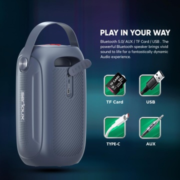Boxa portabila Serioux PartyBoom, putere RMS: 55W, raport S/N >70dB, T.H.D.: <0.3%, frecventa : 40Hz~20KHz, baterie: 7.4V 3600Mah , functie TWS, functie Extra Bass, 8 moduri de iluminare RGB , IPX5 Waterproof/Bluetooth/USB/TF card/AUX - Img 9
