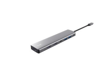 Adaptor Trust Dalyx 7-in-1, 2 porturi interfata USB-A 3.2 gen 1, 1 port USB-C, 2 porturi HDMI, 1 display port, 1 charging port USB-C 100W, led indicator oprit/pornit, lungime cablu 16cm, gri - Img 2