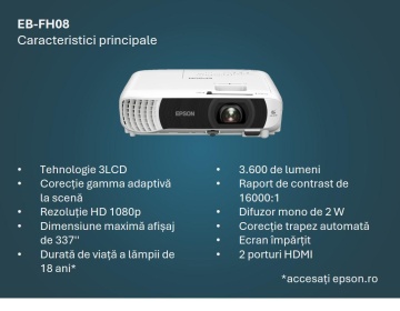 PROJECTOR EPSON EB-FH08, Tehnologie 3LCD, Luminozitate; 3600 Lumeni, Rezolutie: FullHD 1080p, Aspect 16:9, Sursa lumina: Lampa, Durata de viata lampa: 6.000h, 12.000h eco mode, Contrast: 16.000:1, Refresh rate: 192 Hz - 240 Hz, Interfata; USB 2.0 Type B - Img 5
